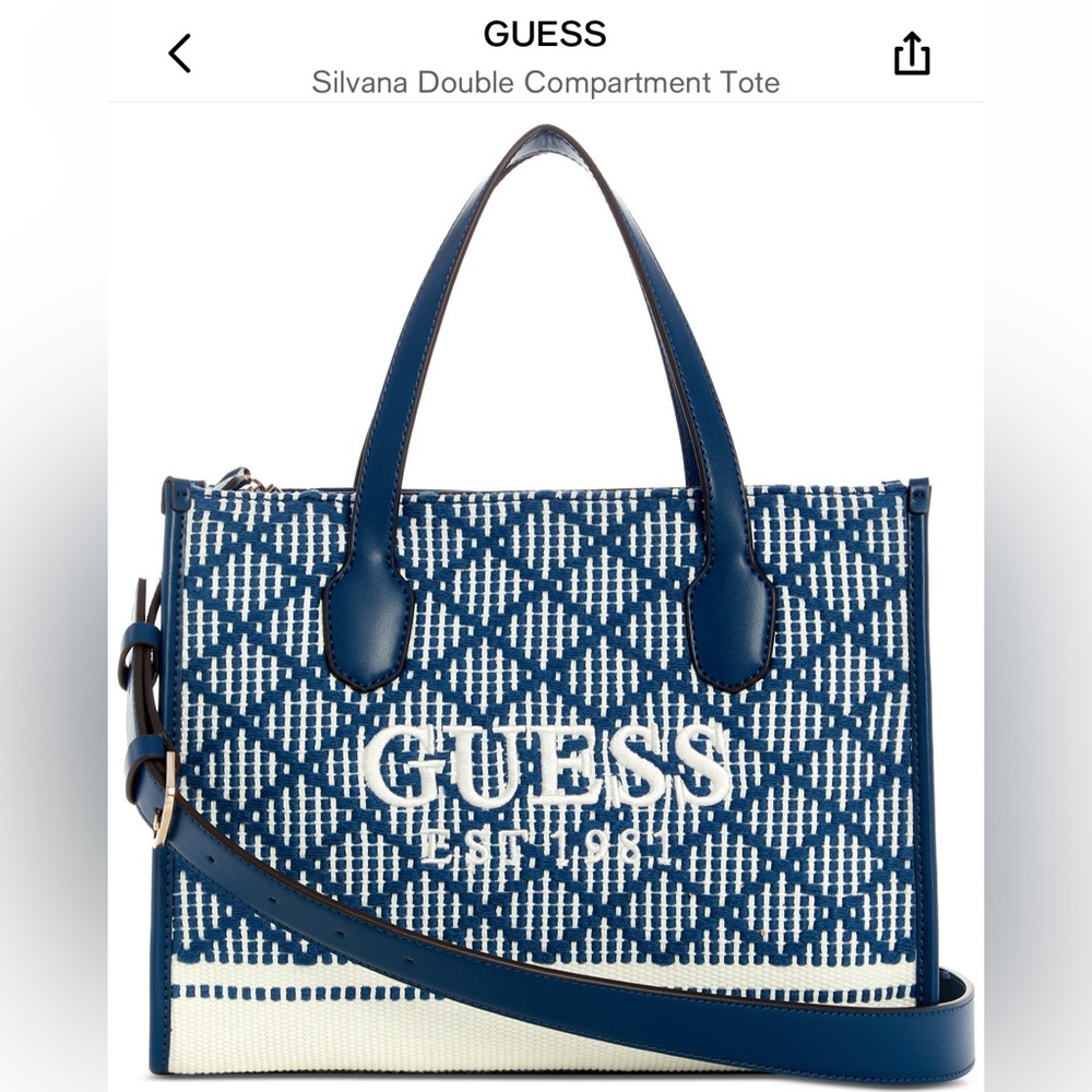 GUESS Silvana Double Compartment Tote - Blue and White